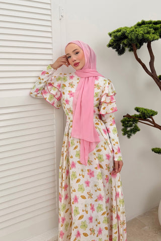 Kolları Volan Detaylı Çiçekli Keten Elbise Pembe