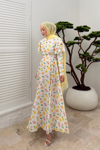 Kolları Volan Detaylı Çiçekli Keten Elbise Sarı