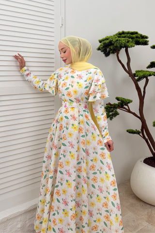 Kolları Volan Detaylı Çiçekli Keten Elbise Sarı