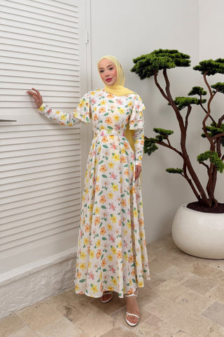 Kolları Volan Detaylı Çiçekli Keten Elbise Sarı