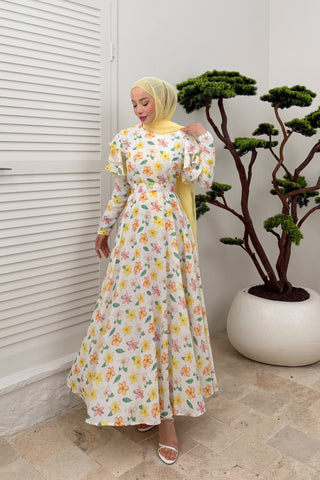 Kolları Volan Detaylı Çiçekli Keten Elbise Sarı