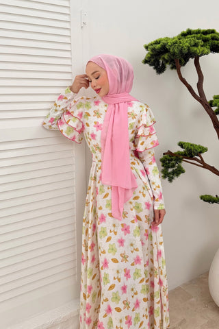 Kolları Volan Detaylı Çiçekli Keten Elbise Pembe