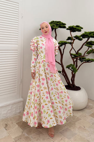 Kolları Volan Detaylı Çiçekli Keten Elbise Pembe