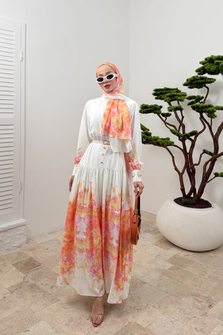 Hakim Yaka Eteği Sulu Elbise Oranj