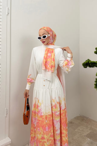 Hakim Yaka Eteği Sulu Elbise Oranj