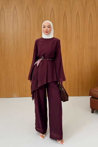 Asimetrik Kesim Tunik Pantolon Takım Mürdüm