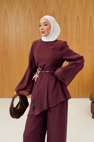 Asimetrik Kesim Tunik Pantolon Takım Mürdüm