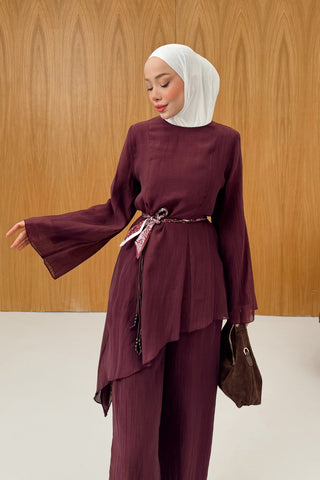 Asimetrik Kesim Tunik Pantolon Takım Mürdüm
