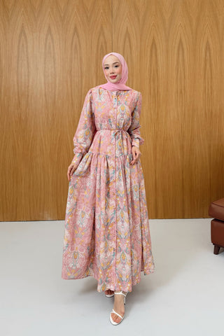 Düğme Detaylı Eteği Büzgülü Elbise Pembe