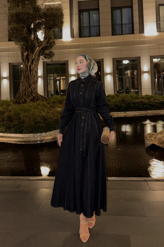 Düğme Detaylı Parçalı Kot Elbise Lacivert