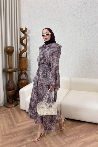 Şal Desenli Yarasa Model Elbise Mor