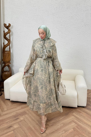 Şal Desenli Yarasa Model Elbise Yeşil