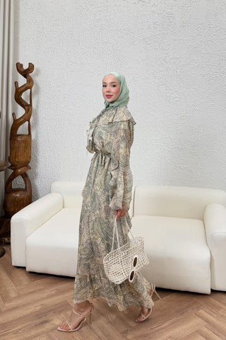 Şal Desenli Yarasa Model Elbise Yeşil
