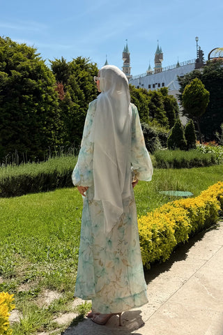 Düğme Birit Detaylı Çiçekli Elbise Yeşil