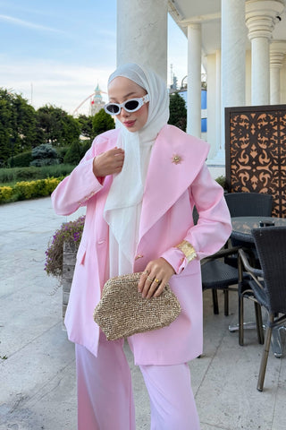 Asimetrik Yaka Detaylı Ceket Pantolon Takım Pembe