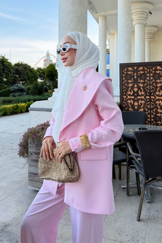 Asimetrik Yaka Detaylı Ceket Pantolon Takım Pembe