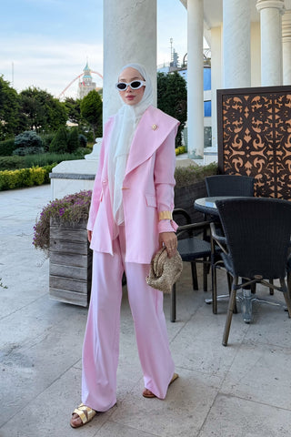 Asimetrik Yaka Detaylı Ceket Pantolon Takım Pembe