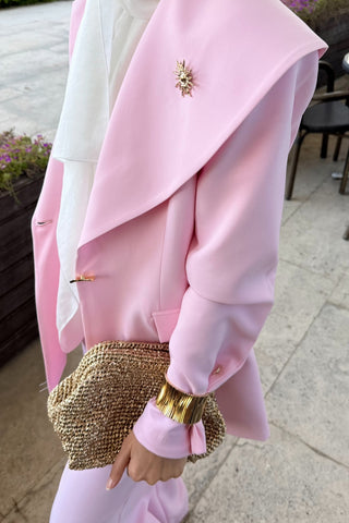 Asimetrik Yaka Detaylı Ceket Pantolon Takım Pembe