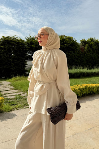 Fırfır Detaylı Tunik Pantolon Takım Taş Rengi