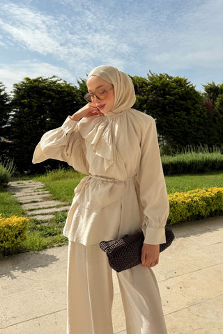 Fırfır Detaylı Tunik Pantolon Takım Taş Rengi