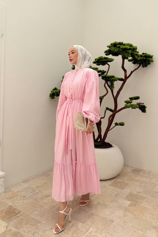 Beli Büzgülü Kraşlı Elbise Pembe