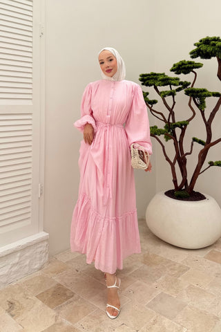 Beli Büzgülü Kraşlı Elbise Pembe