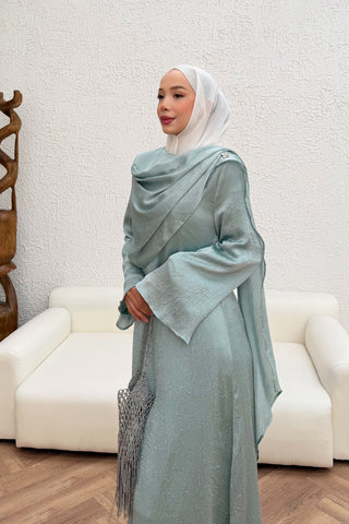 Saten Kraş Taşlı Elbise Mint