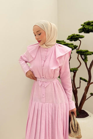 Yaka Detaylı Önü Düğmeli Pileli Elbise Pembe