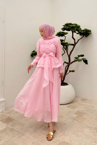 Omuzdan Bağcık Detaylı Etekli İkili Takım Pembe