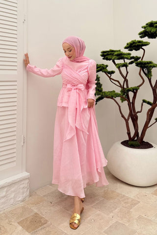 Omuzdan Bağcık Detaylı Etekli İkili Takım Pembe