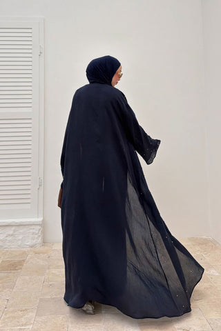 Taş İnci Detaylı İnce Tensel Abaya Lacivert
