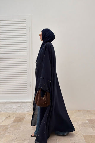 Taş İnci Detaylı İnce Tensel Abaya Lacivert
