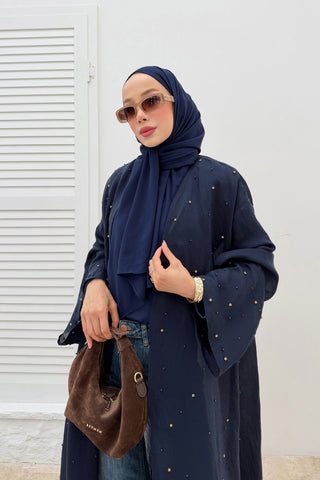 Taş İnci Detaylı İnce Tensel Abaya Lacivert