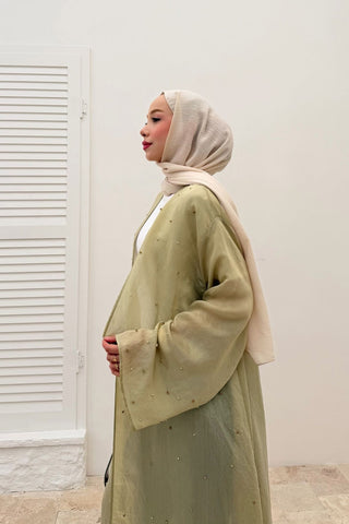 Taş İnci Detaylı İnce Tensel Abaya Yeşil