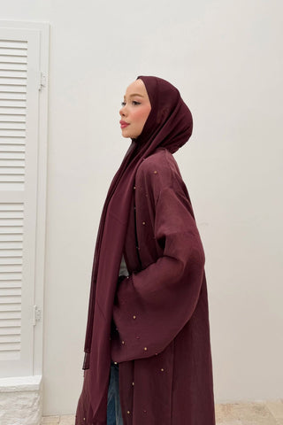 Taş İnci Detaylı İnce Tensel Abaya Burgonya