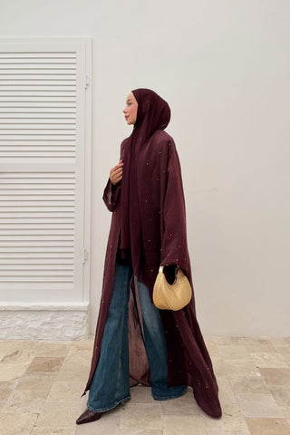 Taş İnci Detaylı İnce Tensel Abaya Burgonya