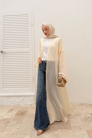 Taş İnci Detaylı İnce Tensel Abaya Sarı