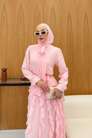 Eteği Volanlı Fırfırlı Şifon Elbise Pembe