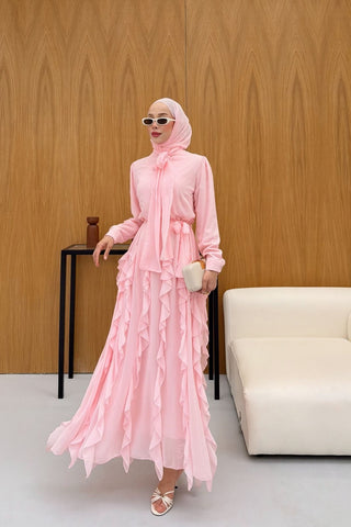 Eteği Volanlı Fırfırlı Şifon Elbise Pembe