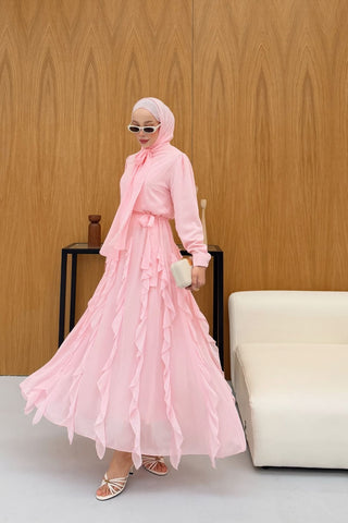 Eteği Volanlı Fırfırlı Şifon Elbise Pembe