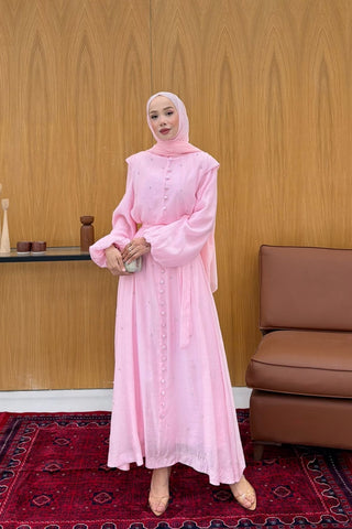 Hakim Yaka Simli Taş Detaylı Elbise Pembe