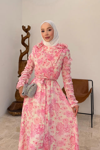 Kol Fırfır Detaylı Desenli Şifon Elbise Pembe