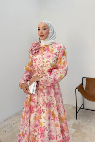 Bahar Desenli Omuzu Çiçekli Balon Kol Elbise Pembe