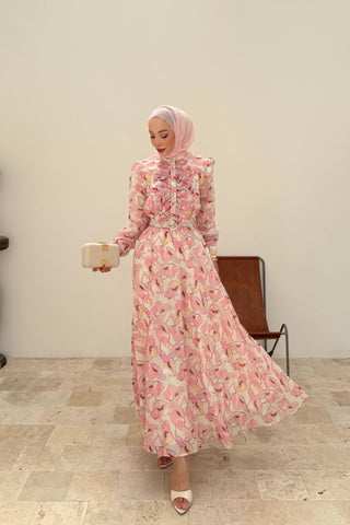 Robası Fırfır Detaylı Desenli Elbise Pembe