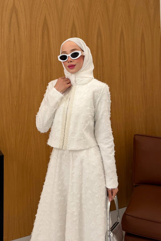 İnci Detaylı Mini Ceket Etek Takım Ekru