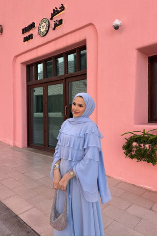 Robadan Fırfır Detaylı Biye Kemerli Şifon Elbise Mavi