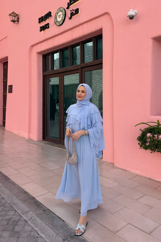 Robadan Fırfır Detaylı Biye Kemerli Şifon Elbise Mavi