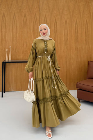 Bel Büzgülü Püskül Detaylı Elbise Yeşil
