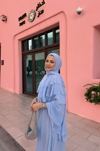 Robadan Fırfır Detaylı Biye Kemerli Şifon Elbise Mavi