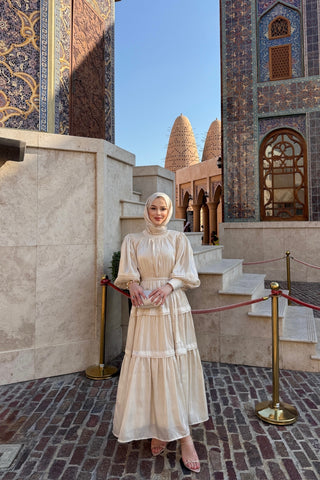 Jan Jan Saten Katlı Elbise Bej